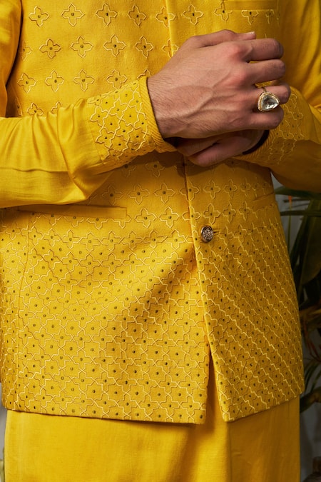 Buy_Philocaly_Yellow Cotton, Silk Embroidery Lattice Bundi Kurta Set 
