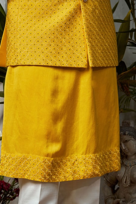Shop_Philocaly_Yellow Cotton, Silk Embroidery Lattice Bundi Kurta Set 