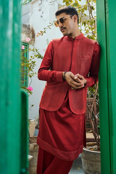 Shop_Philocaly_Red Cotton, Silk Embroidery Chevron Bundi _Online_at_Aza_Fashions