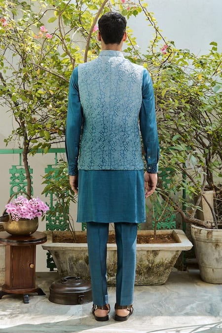 Philocaly Blue Embroidered Nehru Bundi 