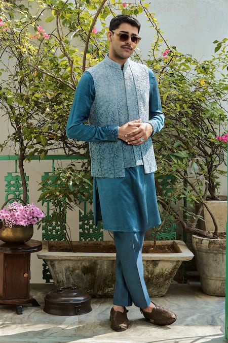 Philocaly Blue Viscose, Georgette Embroidery Nehru Bundi Online at Aza Fashions Philocaly_Blue Viscose, Georgette Embroidery Nehru Bundi _Online_at_Aza_Fashions