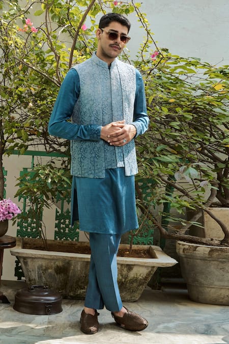 Philocaly_Blue Viscose, Georgette Embroidery Bundi Set With Kurta And Trouser _Online_at_Aza_Fashions