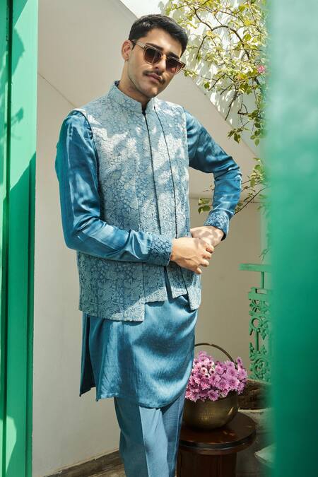 Buy_Philocaly_Blue Viscose, Georgette Embroidery Bundi Set With Kurta And Trouser _Online_at_Aza_Fashions