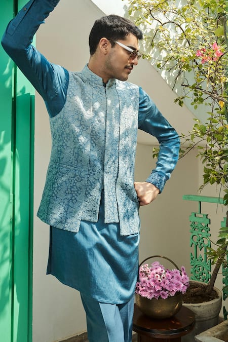 Shop_Philocaly_Blue Viscose, Georgette Embroidery Bundi Set With Kurta And Trouser _Online_at_Aza_Fashions