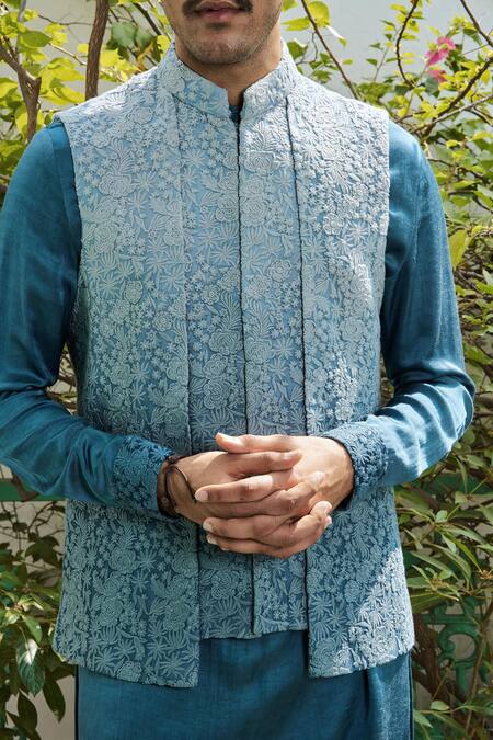 Philocaly_Blue Viscose, Georgette Embroidery Bundi Set With Kurta And Trouser _at_Aza_Fashions
