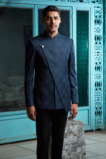 Philocaly_Blue Wool Navy Jaal Self Design Bandhgala _Online_at_Aza_Fashions