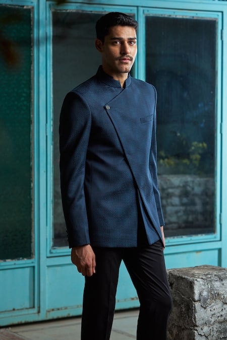 Buy_Philocaly_Blue Wool Navy Jaal Self Design Bandhgala _Online_at_Aza_Fashions