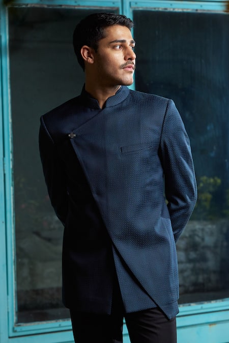 Shop_Philocaly_Blue Wool Navy Jaal Self Design Bandhgala _Online_at_Aza_Fashions