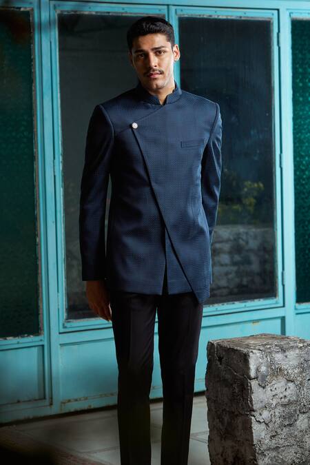 Philocaly_Blue Wool Navy Jaal Self Design Bandhgala _at_Aza_Fashions