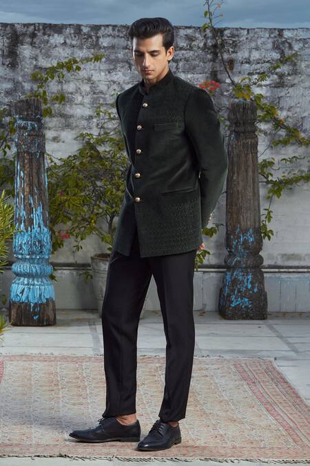 Philocaly_Green Velvet Embroidery Dark Bandhgala_Online_at_Aza_Fashions