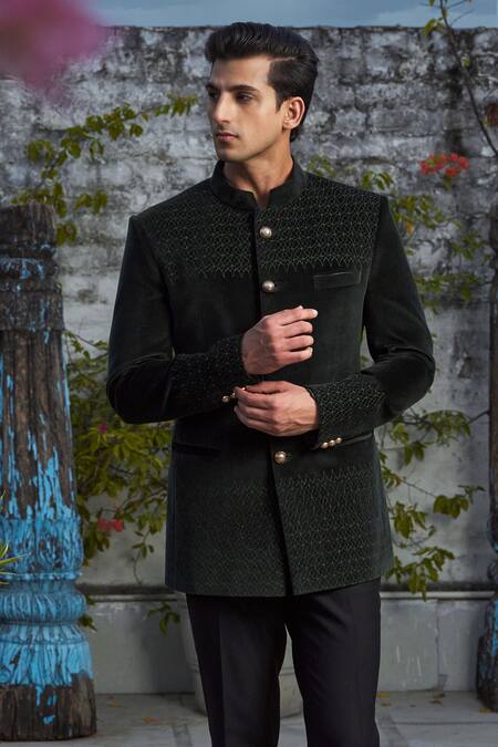 Buy_Philocaly_Green Velvet Embroidery Dark Bandhgala_Online_at_Aza_Fashions