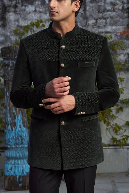 Shop_Philocaly_Green Velvet Embroidery Dark Bandhgala_Online_at_Aza_Fashions