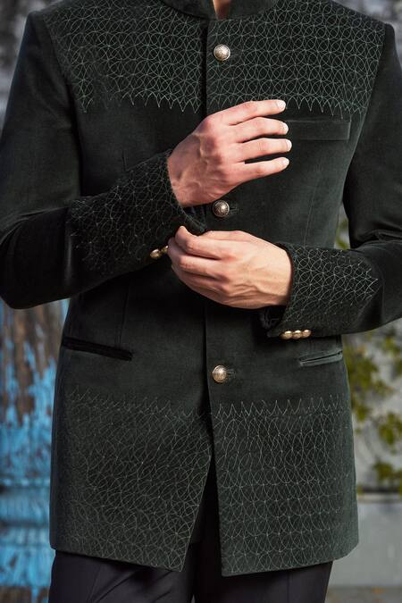 Philocaly_Green Velvet Embroidery Dark Bandhgala_at_Aza_Fashions