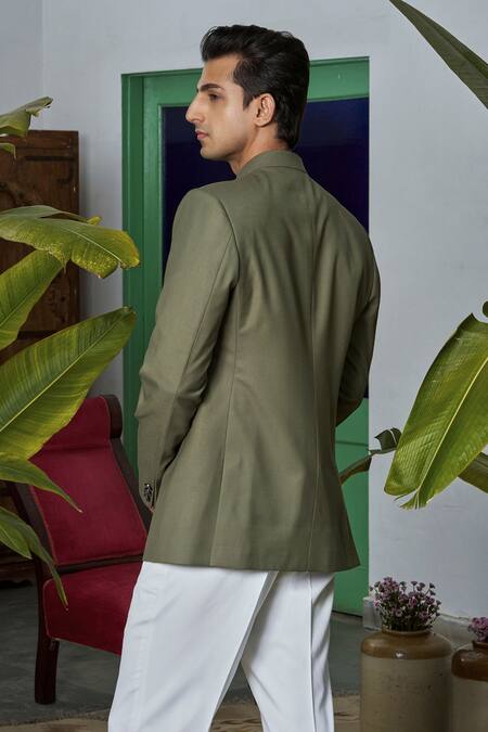 Philocaly Olive Green Architectural Lattice Bandhgala 