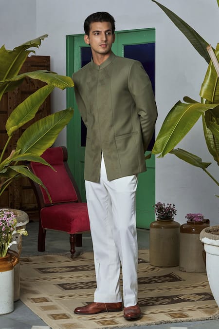 Philocaly_Green Wool Embroidery Olive Architectural Lattice Bandhgala _Online_at_Aza_Fashions