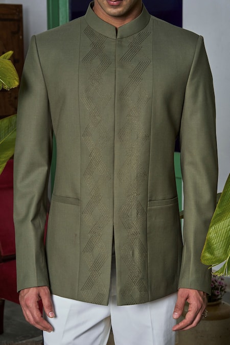 Shop_Philocaly_Green Wool Embroidery Olive Architectural Lattice Bandhgala _Online_at_Aza_Fashions