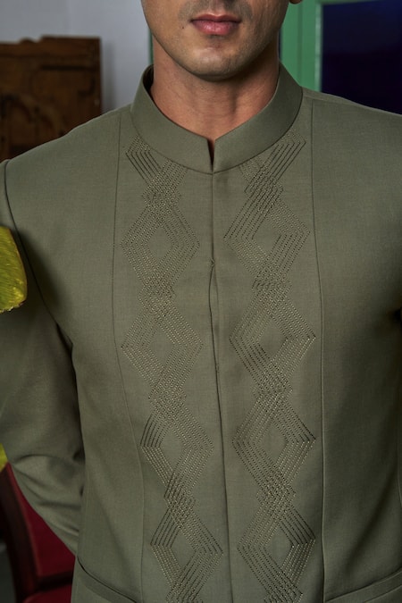 Philocaly_Green Wool Embroidery Olive Architectural Lattice Bandhgala _at_Aza_Fashions