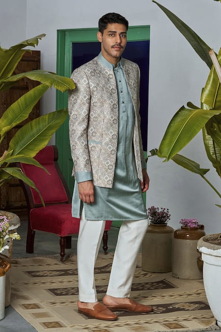 Philocaly Jiva Geometric Jaal Woven Bandhgala Set 