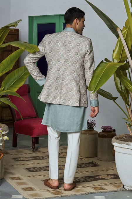 Philocaly Geometric Jaal Woven Bandhgala Set 