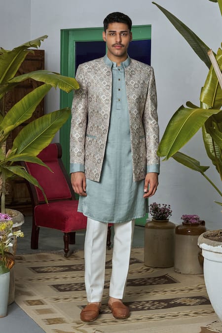 Philocaly Beige Brocade, Linen Embroidery Geometric Jaal Woven Bandhgala Set Online at Aza Fashions Philocaly_Beige Brocade, Linen Embroidery Geometric Jaal Woven Bandhgala Set _Online_at_Aza_Fashions