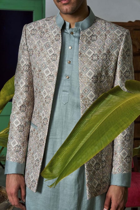 Shop Philocaly Beige Brocade, Linen Embroidery Geometric Jaal Woven Bandhgala Set Online at Aza Fashions Shop_Philocaly_Beige Brocade, Linen Embroidery Geometric Jaal Woven Bandhgala Set _Online_at_Aza_Fashions