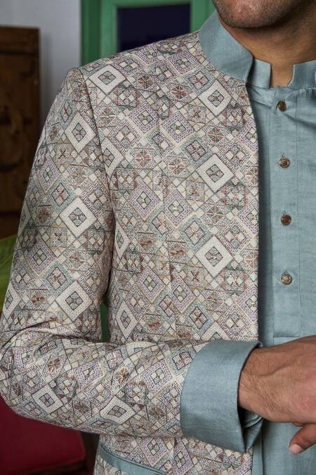 Philocaly Beige Brocade, Linen Embroidery Geometric Jaal Woven Bandhgala Set at Aza Fashions Philocaly_Beige Brocade, Linen Embroidery Geometric Jaal Woven Bandhgala Set _at_Aza_Fashions