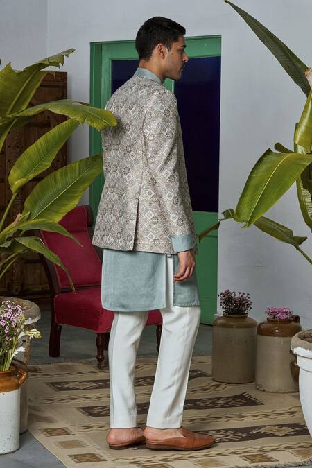 Buy Philocaly Beige Brocade, Linen Embroidery Geometric Jaal Woven Bandhgala Set Buy_Philocaly_Beige Brocade, Linen Embroidery Geometric Jaal Woven Bandhgala Set
