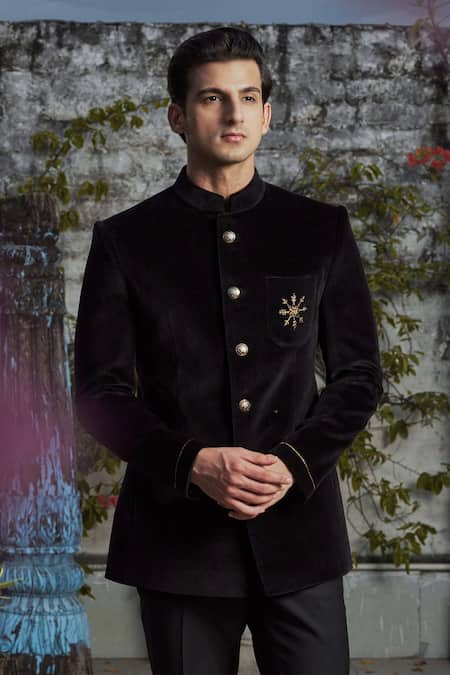 Philocaly_Black Velvet Zari Zardozi Embroidered Bandhgala _Online_at_Aza_Fashions