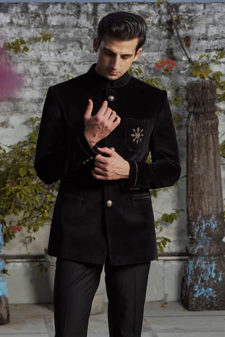 Buy_Philocaly_Black Velvet Zari Zardozi Embroidered Bandhgala _Online_at_Aza_Fashions