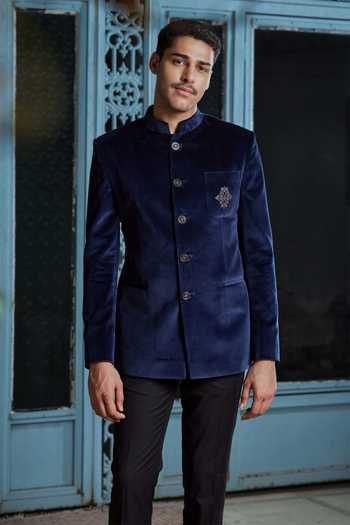 Philocaly_Blue Velvet Zari Navy Zardozi Embroidered Bandhgala_Online_at_Aza_Fashions