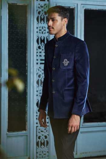 Buy_Philocaly_Blue Velvet Zari Navy Zardozi Embroidered Bandhgala_Online_at_Aza_Fashions