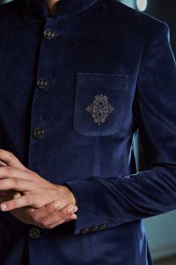 Shop_Philocaly_Blue Velvet Zari Navy Zardozi Embroidered Bandhgala_Online_at_Aza_Fashions