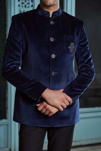 Philocaly_Blue Velvet Zari Navy Zardozi Embroidered Bandhgala_at_Aza_Fashions