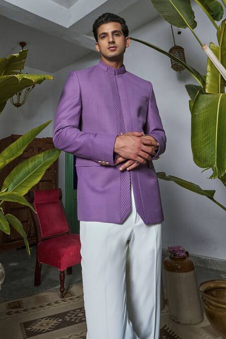 Shop_Philocaly_Purple Wool Lilac Pintucked Bandhgala _Online_at_Aza_Fashions