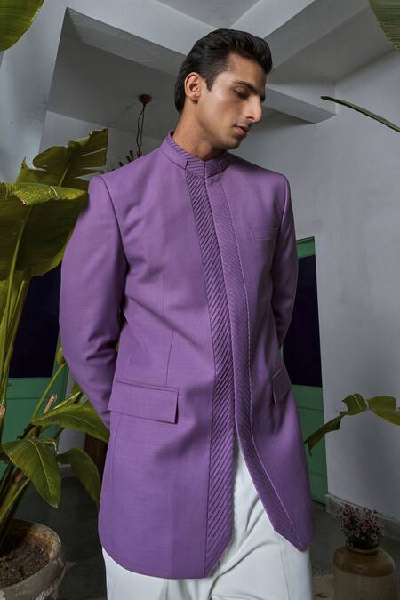 Philocaly_Purple Wool Lilac Pintucked Bandhgala _at_Aza_Fashions