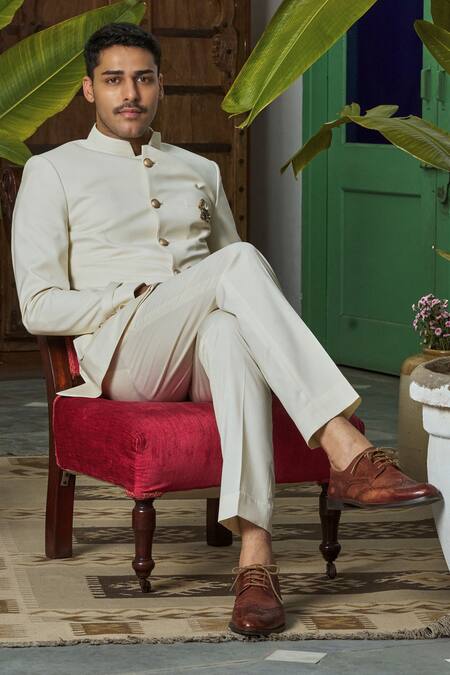 Philocaly_Off White Wool Brooches Solid Bandhgala _Online_at_Aza_Fashions