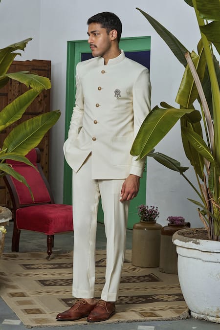 Buy_Philocaly_Off White Wool Brooches Solid Bandhgala _Online_at_Aza_Fashions