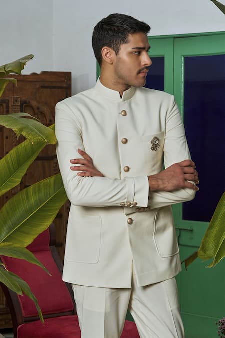 Philocaly_Off White Wool Brooches Solid Bandhgala _at_Aza_Fashions
