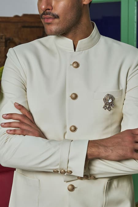 Buy_Philocaly_Off White Wool Brooches Solid Bandhgala 