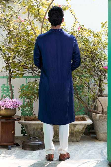 Shop_Philocaly_Blue Linen, Satin Sequins Abyss Embroidered Kurta _at_Aza_Fashions