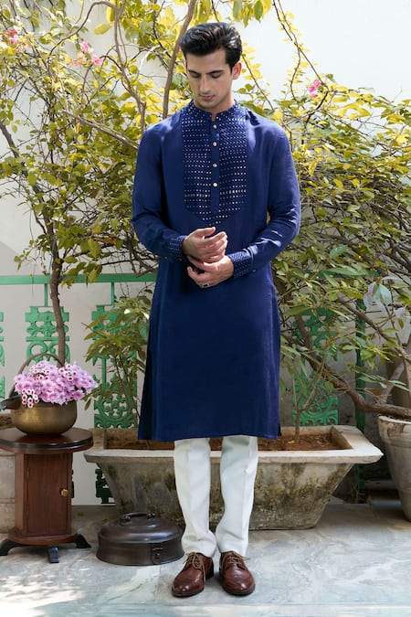 Philocaly_Blue Linen, Satin Sequins Abyss Embroidered Kurta _Online_at_Aza_Fashions