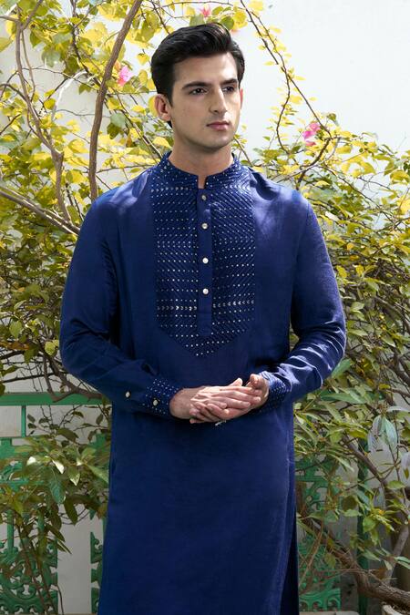 Buy_Philocaly_Blue Linen, Satin Sequins Abyss Embroidered Kurta _Online_at_Aza_Fashions