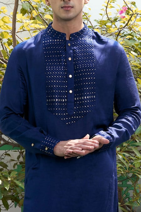 Shop_Philocaly_Blue Linen, Satin Sequins Abyss Embroidered Kurta _Online_at_Aza_Fashions