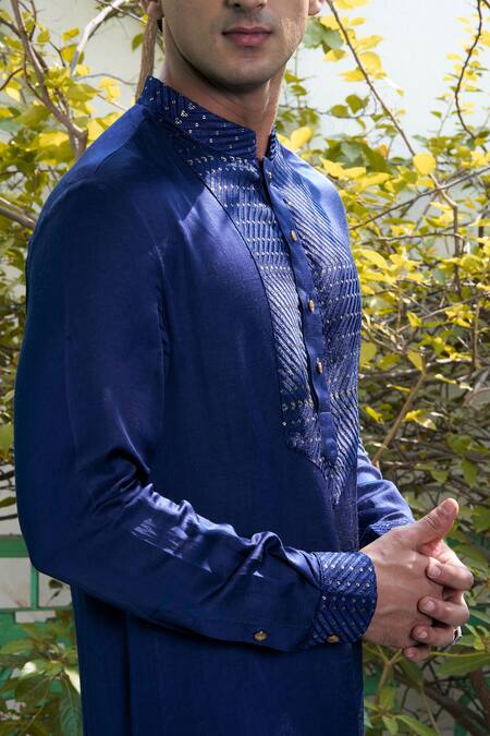 Philocaly_Blue Linen, Satin Sequins Abyss Embroidered Kurta _at_Aza_Fashions