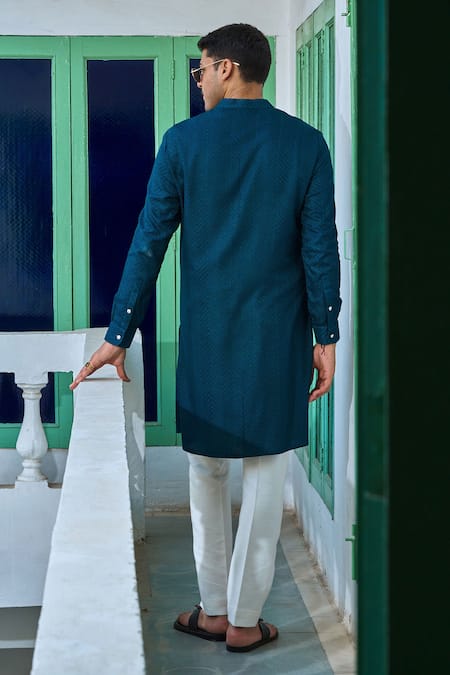 Shop_Philocaly_Green Cotton, Silk Embroidery Chevron Kurta _at_Aza_Fashions