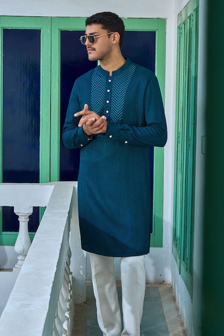 Shop_Philocaly_Green Cotton, Silk Embroidery Chevron Kurta _Online_at_Aza_Fashions