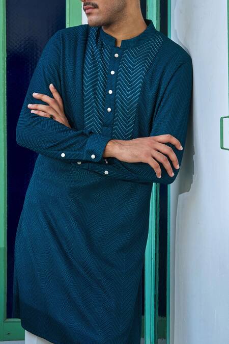 Philocaly_Green Cotton, Silk Embroidery Chevron Kurta _at_Aza_Fashions