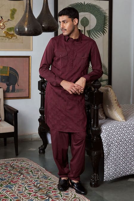 Philocaly Scarlet Geometric Embroidered Pathani Kurta 