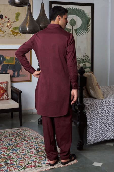 Shop Philocaly Maroon Cotton, Lycra Embroidery Geometric Pathani Kurta at Aza Fashions Shop_Philocaly_Maroon Cotton, Lycra Embroidery Geometric Pathani Kurta _at_Aza_Fashions