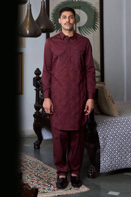 Philocaly Maroon Cotton, Lycra Embroidery Geometric Pathani Kurta Online at Aza Fashions Philocaly_Maroon Cotton, Lycra Embroidery Geometric Pathani Kurta _Online_at_Aza_Fashions
